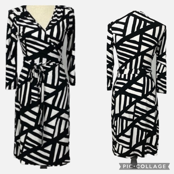 Banana Republic Factory Wrap Dress Midi Size XS Black White Abstract Print - Picture 1 of 11